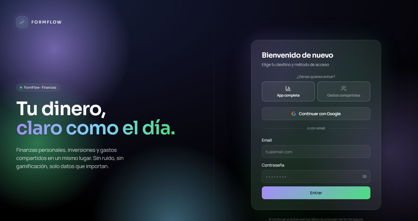 Entrada de FormFlow: «Tu dinero, claro como el día.», finances personals, inversions i despeses compartides.