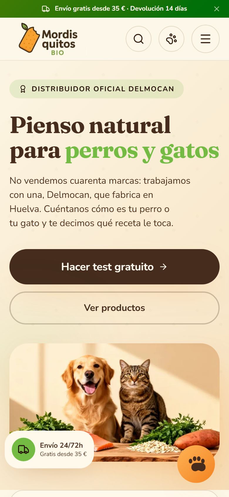 Home di mordisquitosbio.com su smartphone: crocchette naturali per cani e gatti e il pulsante per fare il test gratuito.