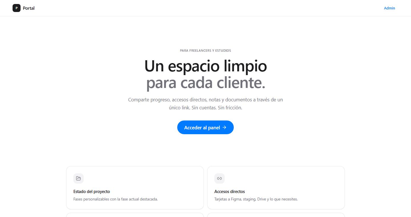 Portada del Portal de clients: «Un espacio limpio para cada cliente.», amb l'estat del projecte, accessos directes, notes i factures.