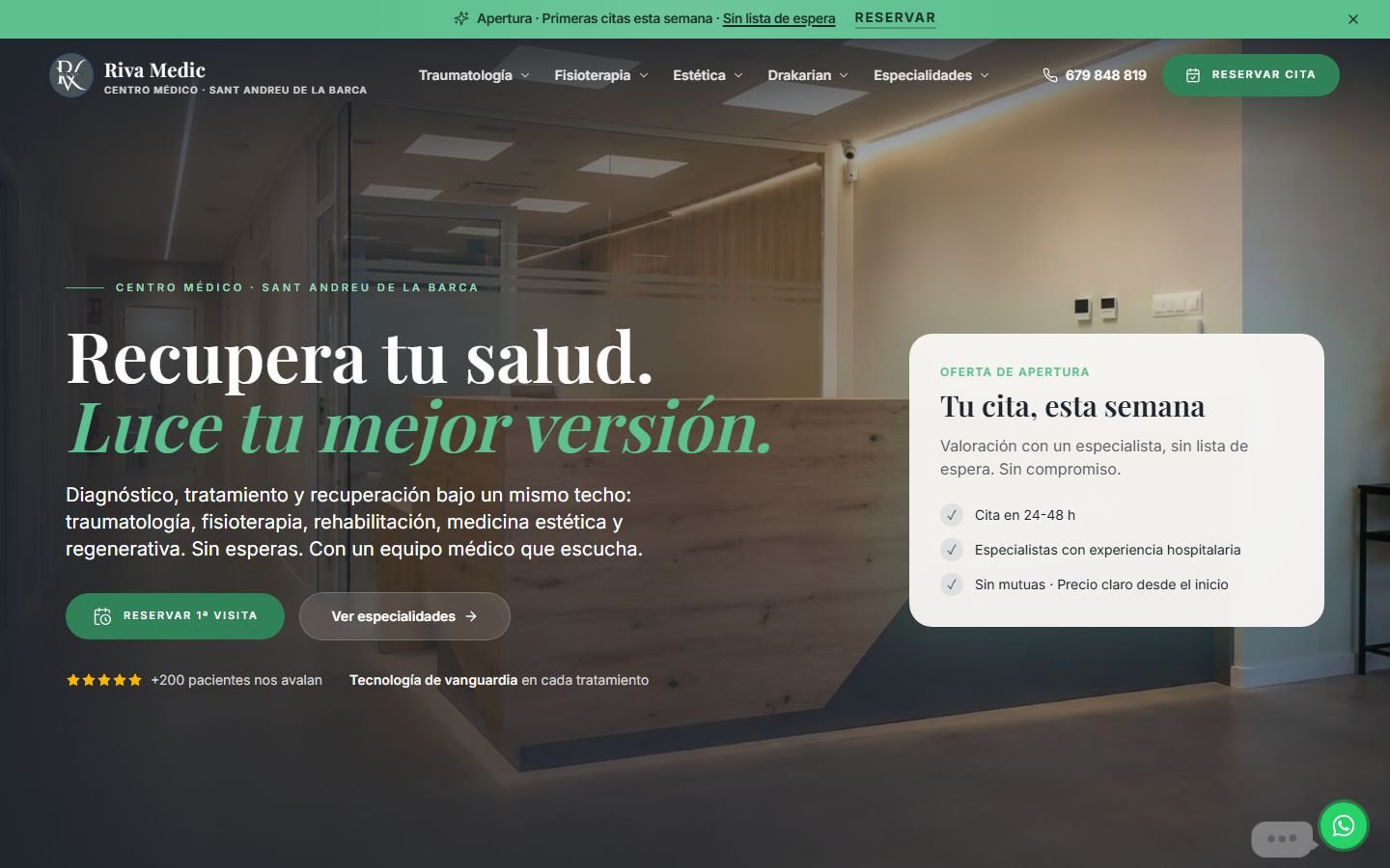 Home di rivamedic.es su desktop, con il titolo della clinica e il pulsante per prenotare la prima visita.