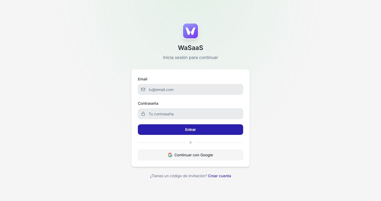Pantalla d'entrada de WaSaaS: correu, contrasenya o Google, i alta amb codi d'invitació.